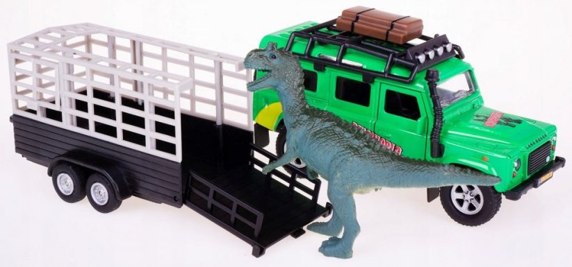 Kovové autíčko s dinosaurem na přívěsu - LAND ROVER DEFENDER