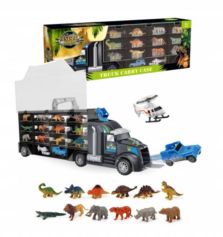 Kamion pro převoz dinosaurů a zvířátek s džípem a vrtulníkem