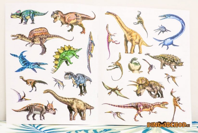 12 omalovánek, aktivit a 27 samolepek dinosaurů
